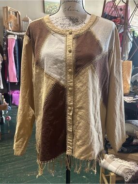 Vintage Selene Sport Patchwork Buttonup Blouse Embroidered Detail With Fringe